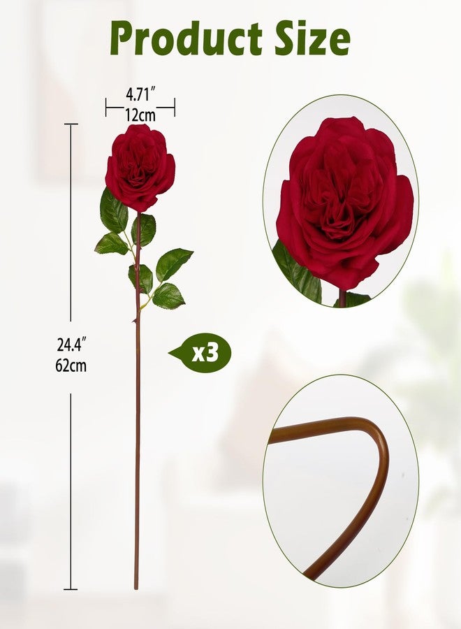 Arborus Artificial Roses - Set of 3 Long-Stem Real Touch Silk Rose, 24.4" Faux Flowers for Home Decor, Wedding Bouquets, Centerpieces & Floral Arrangements - Lifelike Red Fake Roses - Image 2